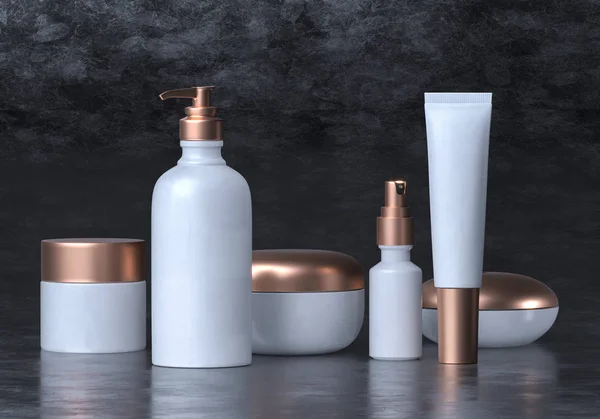 Cosmetic mock up set. Cosmetic packaging bottles jar and tube. Make up blank face cream tube, spray. Set of white gold realistic beauty products on black background. Skin or hair care. 3d rendering