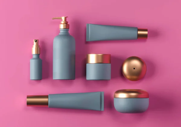 Kozmetik sahte set. Kozmetik ambalaj şişeleri kavanoz ve tüp. Boş yüz kremi tüpü, sprey makyaj. Pembe arka plan üzerinde trendy altın gerçekçi güzellik ürünleri seti. Cilt veya saç bakımı. 3d render