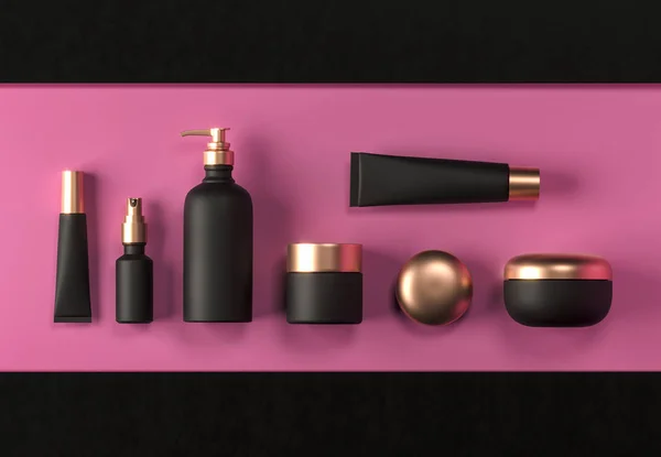 Cosmetic mock up set. Cosmetic black packaging bottles jar and tube. Make up blank face cream tube, spray. Trendy gold realistic beauty products on pink background. Skin or hair care. 3d rendering
