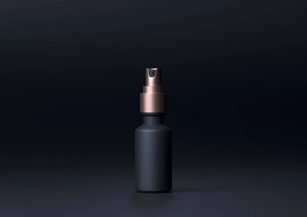 Siyah ve altın renkli sprey şişesi, siyah arka planda 3 boyutlu resimde sis püskürten boş bir kap.