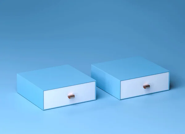 Η συσκευασία του κουτιού. Κομψό μπλε σήμα με δύο κενά κουτιά. Πολυτελές κουτί συσκευασίας για προϊόντα Premium. απόδοση 3D — Φωτογραφία Αρχείου