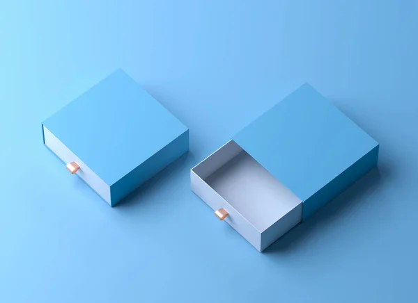 Mockup della scatola. Elegante modello di branding blu con due scatole vuote. Scatola di imballaggio di lusso per prodotti premium. Scatola quadrata vuota aperta. rendering 3d — Foto Stock