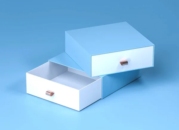 Box mockup. Elegant blue branding mockup with two blank boxes. Luxury packaging box for premium products. Empty opened square box. 3d rendering