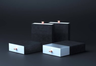 Kara kutu maketi. Zarif siyah kadife marka kutusu mockup iki boş ipek doku kutuları ile. Premium ürünler için lüks ambalaj kutusu. Boş açılan kare kutusu. 3d render