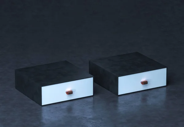 Una maqueta de caja negra. Elegante maqueta de caja de terciopelo negro con dos cajas de textura de seda en blanco. Caja de embalaje de lujo para productos premium. Caja cuadrada cerrada vacía. renderizado 3d —  Fotos de Stock