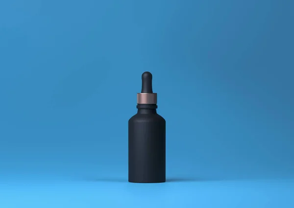 Κορυφαίο σταγονόμετρο. Καλλυντικό 3D χρυσό και μαύρο ματ μπουκάλι σταγονόμετρο σωλήνα σε μπλε φόντο. απεικόνιση 3D για πλακάτ σχεδίασης, παρουσίαση, πανό και εξώφυλλο. — Φωτογραφία Αρχείου