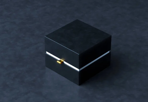 Black Gift Box Mockup pada latar belakang hitam, render 3d. Kotak kemasan mewah untuk produk premium — Stok Foto