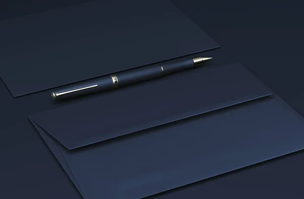 Black envelope on dark background. Premium envelope mock up. A6 envelope with blank invitation card. 3d rendering illustration