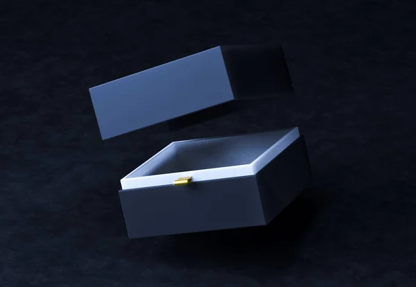 Square Black Gift Box dans l'air maquette sur fond noir, rendu 3d. Boîte d'emballage de luxe pour produits haut de gamme — Photo