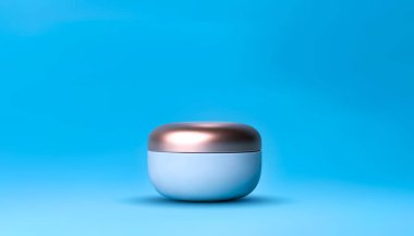 Mavi arka plan üzerinde cilt bakım kremi için zarif kozmetik kavanoz. Gerçekçi vektör 3d beyaz ve altın mat kozmetik kavanoz kadar mock. Reklamlar için güzel kozmetik şablonu. Makyaj ürünleri markası.