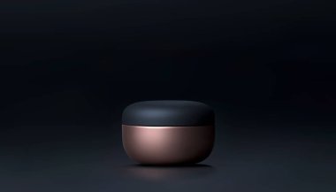 Siyah arka plan üzerinde cilt bakım kremi için zarif kozmetik kavanoz. Gerçekçi vektör 3d siyah ve altın mat kozmetik kavanoz kadar mock. Reklamlar için güzel kozmetik şablonu. Makyaj ürünleri markası.