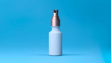 Mavi arka plan üzerinde cilt bakımı için zarif kozmetik sprey. Gerçekçi vektör 3d beyaz ve altın mat kozmetik sprey kadar mock up. Reklamlar için güzel kozmetik şablonu. Makyaj ürünleri markası.