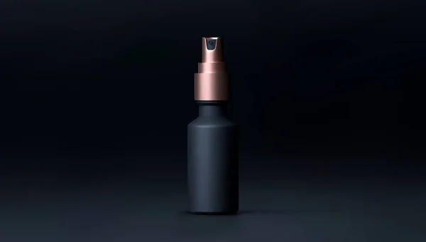 Elegantes Kosmetikspray zur Hautpflege auf schwarzem Hintergrund. Realistische Vektor 3D Schwarz und Gold matt kosmetische Spray-Attrappe auf. Schöne kosmetische Vorlage für Anzeigen. Make-up-Produkte Marke. — Stockvektor