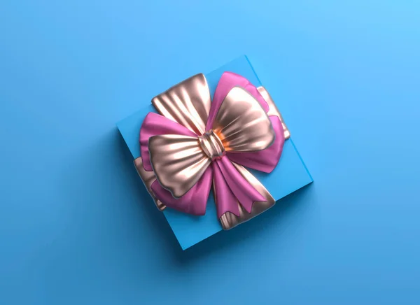 Blue gift box with big golden bow. Christmas box template black background. Luxury packaging collection. Present box top view. 3D Rendering.