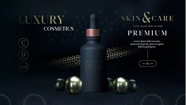 Elegant cosmetic oil dropper for skin care products on black and gold background. Luxury dropper bottle. Beautiful flyer or page banner design for cosmetic ads. Premium template for makeup brand.