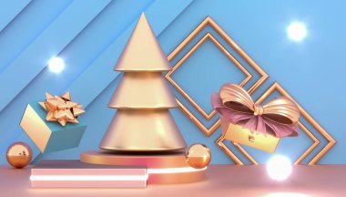 Yeni yılınız kutlu olsun ya da Noel arkaplanınız kutlu olsun. Altın Noel ağacı ve hediye kutuları. Kürsüde yeni yıl hediyeleri. 3d oluşturma.