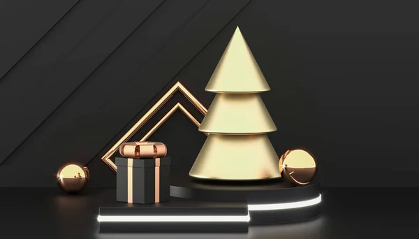 Happy New Year or Christmas background with decorative gift boxes. Golden christmas tree and black gift box on the podium. New year presents. 3d rendering. — Stock Photo, Image