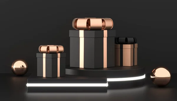 Luxury gift boxes on podium. Christmas present box background. black and gold gift packaging collection on the podium. 3D Rendering.