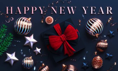 Meydan Mutlu Yıllar pankartı. Mesaj için yeri olan siyah bir Noel arkaplanı. Noel ağacı topları, dallar ve hediye süslemeleri. Noel arkaplanını kopyala. 3d oluşturma.