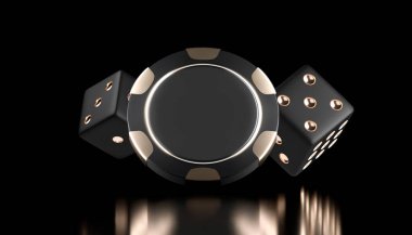 Vector Kumarhanesi geçmişi. Kumarhane oyunu 3 boyutlu çip ve zar. Çevrimiçi kumarhane afişi. Siyah ve altın rengi gerçekçi çip. Kumar konsepti, poker mobil uygulama simgesi