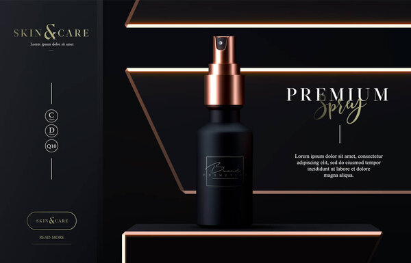 Элегантный косметический спрей для ухода за кожей на черном фоне. Реалистичный вектор 3d черный и золотой матовый косметический спрей макет. Флаер с косметикой или баннер соблазняют. Торговая марка косметики
