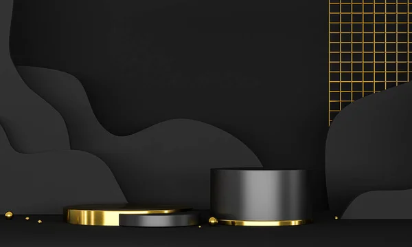 3D podyumu siyah ve altın elementlerle donatıyor. Soyut geometrik şekil boş podyum. Minimum sahne basamağı soyut kompozisyonu. Boş vitrin, kaidesel platform görüntüsü.