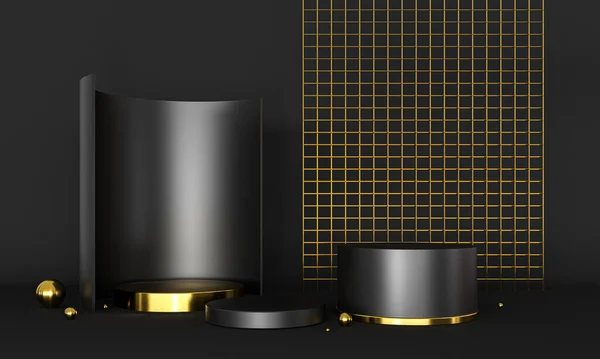 3D візуалізація подіумних чорно-золотих елементів. Анотація геометричної форми порожній подіум. Мінімальна сцена етап поверху абстрактна композиція. Порожня вітрина, дисплей п'єдесталу . — стокове фото