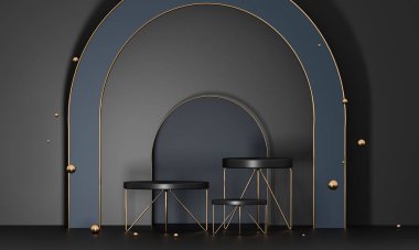 3 boyutlu podyum geometrisi mavi ve altın elementlerle donatılmış. Soyut geometrik şekil boş podyum. Minimum sahne basamağı soyut kompozisyonu. Boş vitrin, kaidesel platform görüntüsü.
