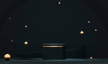 Altın elementli siyah podyum geometrisi. Ürün sunumu boş podyum. Minimum sahne basamağı soyut kompozisyonu. Boş vitrin, kaidesel platform görüntüsü.