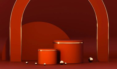 3D, altın elementli kırmızı podyum geometrisi. Ürün sunumu boş podyum. Minimum sahne basamağı soyut kompozisyonu. Boş vitrin, kaidesel platform görüntüsü.