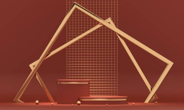 3D, altın elementli kırmızı podyum geometrisi. Ürün sunumu boş podyum. Minimum sahne basamağı soyut kompozisyonu. Boş vitrin, kaidesel platform görüntüsü.