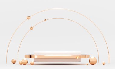 Altın elementli beyaz podyum geometrisi. Ürün sunumu boş podyum. Minimum sahne basamağı soyut kompozisyonu. Boş vitrin, kaidesel platform görüntüsü.