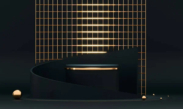 Representación 3D de geometría de podio negro con elementos dorados. Presentación del producto en blanco podio. Escena mínima piso redondo piso abstracto composición. Escaparate vacío, pantalla de plataforma de pedestal. —  Fotos de Stock