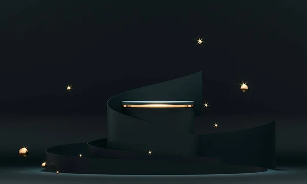 3D vykreslování černé pódium geometrie se zlatými prvky. Produktová prezentace prázdné pódium. Minimální scéna kulatý krok podlaha abstraktní kompozice. Prázdná vitrína, displej podstavcové plošiny. — Stock fotografie
