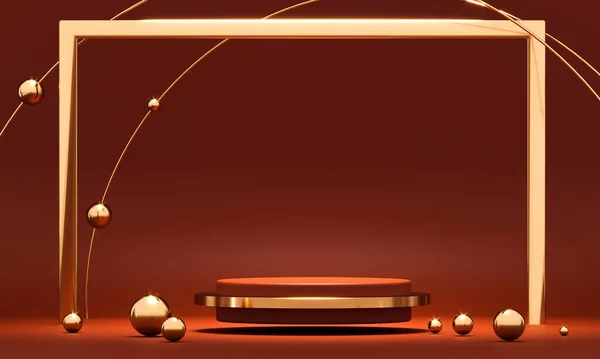 3D renderização geometria pódio vermelho com elementos de ouro. Apresentação do produto pódio em branco. Cena mínima redonda passo piso composição abstrata. Vitrine vazia, exibição de plataforma de pedestal. — Fotografia de Stock