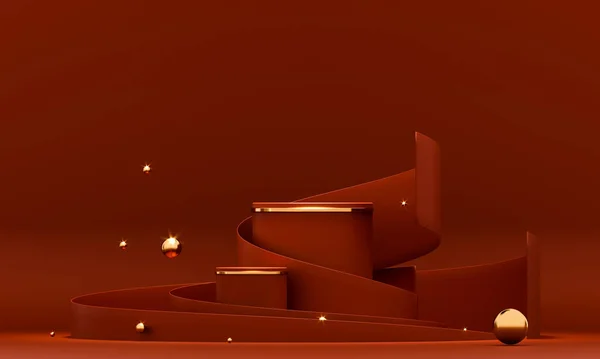 3D vykreslování červené pódium geometrie se zlatými prvky. Produktová prezentace prázdné pódium. Minimální scéna kulatý krok podlaha abstraktní kompozice. Prázdná vitrína, displej podstavcové plošiny. — Stock fotografie