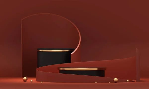3D рендеринга червоної подіумної геометрії з золотими елементами. Презентація продукту порожній подіум. Мінімальна сцена круглого поверху абстрактна композиція. Порожня вітрина, дисплей п'єдесталу . — стокове фото