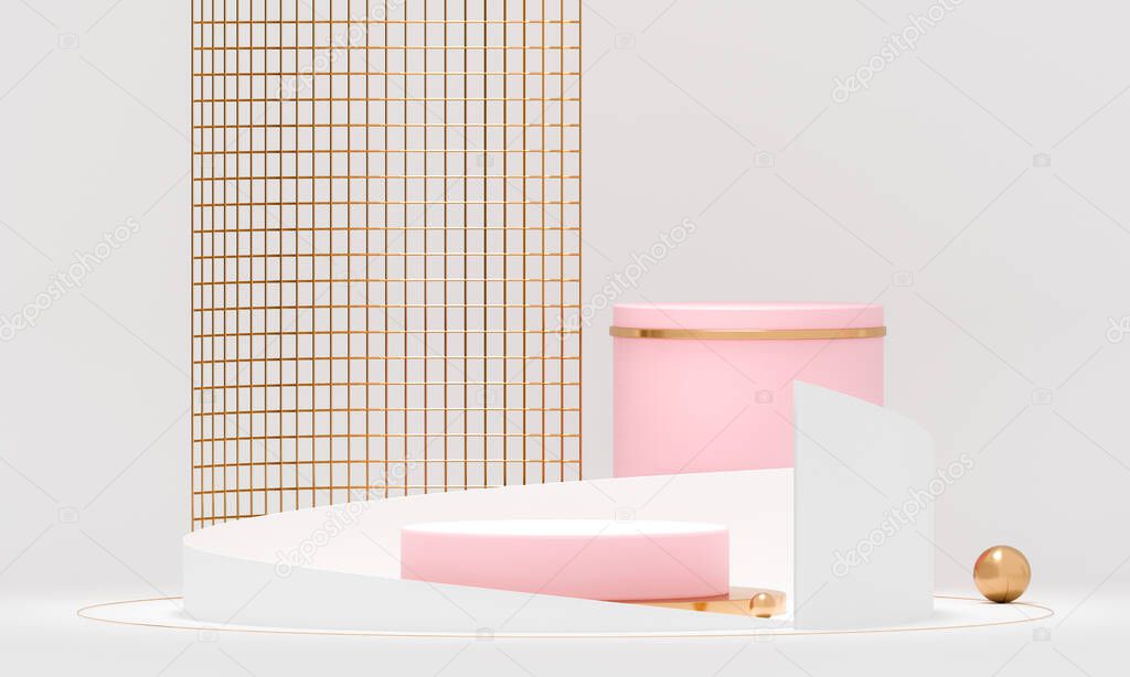 3D rendering white podium geometry with gold elements. Abstract geometric shape blank podium. Scene for product presentation. Empty showcase, pedestal platform display.