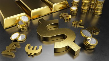Dolar diğer para birimlerinden göze çarpıyor. Dolar güçlendirici. Altın külçeler, altın paralar ve döviz sembolleri. Borsa geçmişi, bankacılık ya da finansal konsept. 3d oluşturma