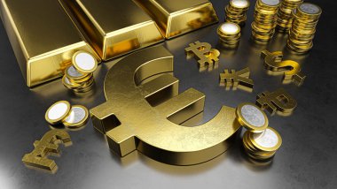 Euro diğer para birimlerinden öne çıkıyor. Euro güçlendirici. Altın külçeler, altın paralar ve döviz sembolleri. Borsa geçmişi, bankacılık ya da finansal konsept. 3d oluşturma
