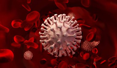 Coronavirus Covid19 yeni koronavirüs ve kan hücreleri. Koronavirüs gribi salgını tehlikeli bir grip gibi. Mikroskop virüsü molekülü yakından. 3d oluşturma