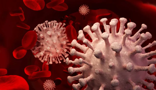 コロナウイルスCovid19新しいコロナウイルスと血液細胞.危険なインフルエンザとしてのコロナウイルスインフルエンザの流行の概念。顕微鏡ウイルス分子が閉じます。3Dレンダリング — ストック写真