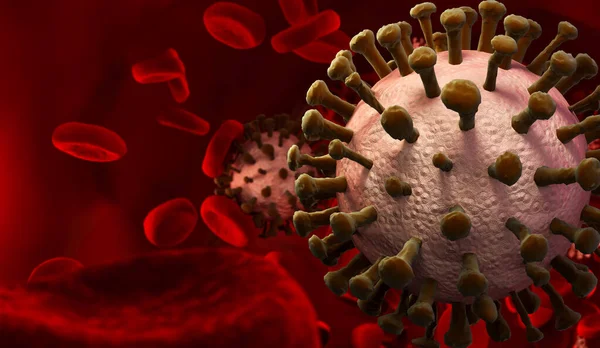 Coronavirus Covid19 nowy koronawirus i krwinki. Pandemiczna koncepcja grypy koronawirusowej jako niebezpiecznej grypy. Zbliżenie mikroskopu. 3d renderowanie — Zdjęcie stockowe