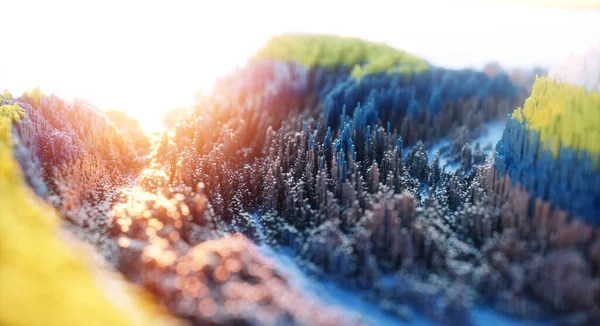 Abstraktní Barevné Pozadí Digitální Přírodní Umění Zelenými Horami Modrým Jezerem — Stock fotografie
