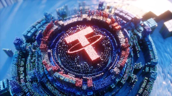 Tether Logo Digital Art. Cryptocurrency Symbol Futuristic 3D Illustration. Crypto Background.