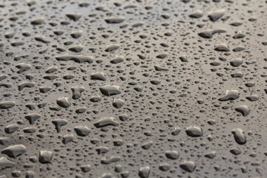 Yağmur veya su damla arabanın kaputu bırakın. Arabanın yüzeyinde veya demir yüzey akışı üzerinde yağmur düşer. Arka plan ve su doku tasarımı için.