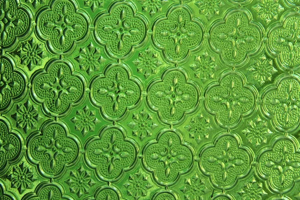 绿色玻璃背景 古老的老式玻璃与抽象的花卉和几何图案 具有复制空间的设计 — 图库照片