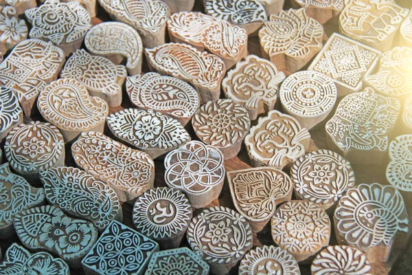 Wooden stamps printing blocks hand carved by artisans in India.