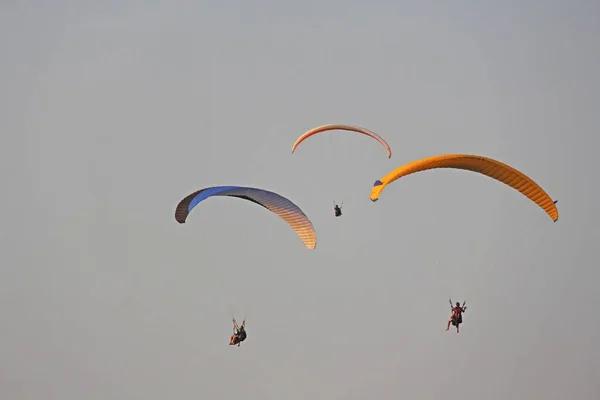 Paragliders against the blue sky. Bright paragliders fly in the — Stock Photo, Image