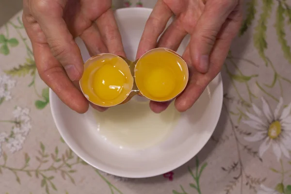 Два желтка в одном яйце. 2 к 1. Women 's hands open a unique egg wi — стоковое фото